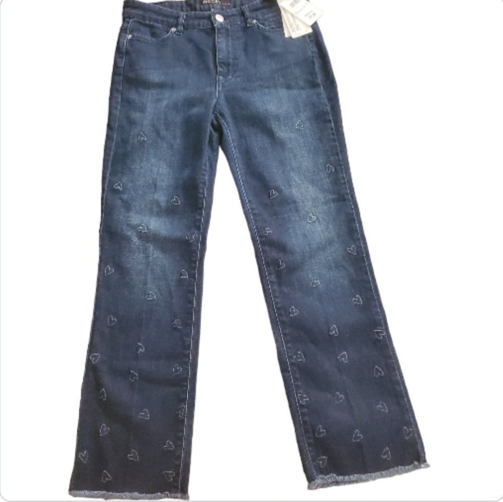 Marc Cain N2 Size 6 Cropped Heart patchwork frayed jeans NWT